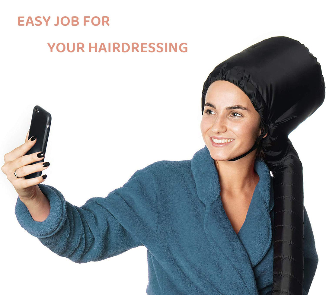 Soft Bonnet Hood Hairdryer Attachment, Adjustable Hooded Bonnet for Hand Held Hair Dryer - Including Headband to Reduce Heat Around Ear and Neck - Drying Styling Curling Deep Conditioning