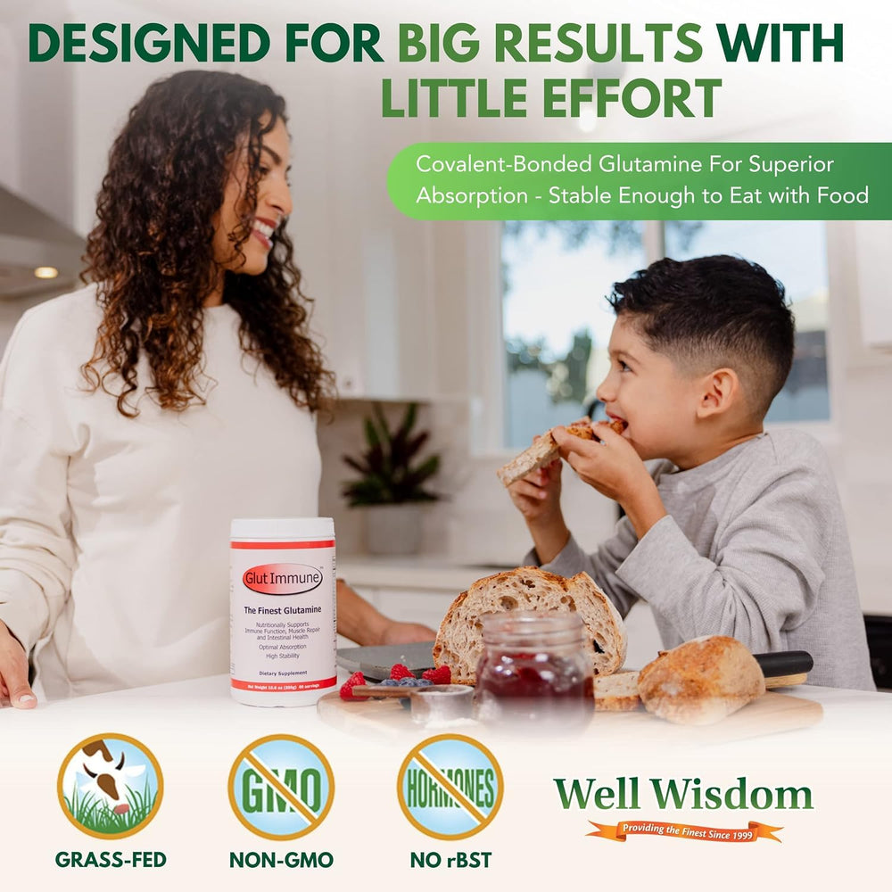 Glut Immune The Finest Glutamine Powder Dairy-Free 300g Well Wisdom, Naturally Superior Covalent Bonded Glutamine Supplement for Gut Health, Immune Focus & Recovery with 60 Servings