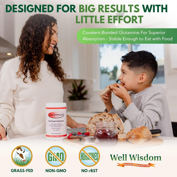 Glut Immune The Finest Glutamine Powder Dairy-Free 300g Well Wisdom, Naturally Superior Covalent Bonded Glutamine Supplement for Gut Health, Immune Focus &amp; Recovery with 60 Servings