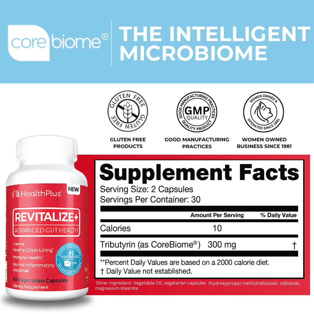 Revitalize+ Corebiome Tributyrin Postbiotics for Complete Digestive Health, Leaky Gut, Colon | Gut Health Supplements for Men & Women | 60 Capsules, 30 Servings