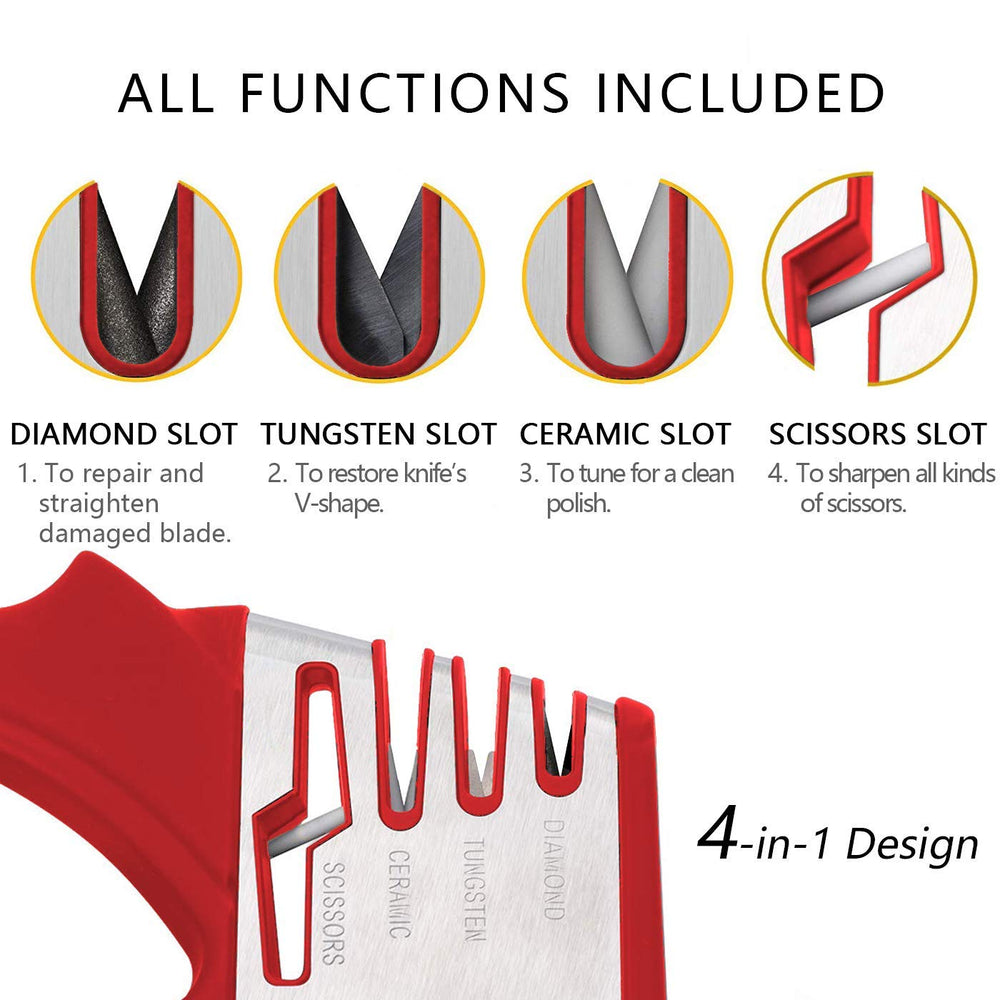 Knife and Scissor Sharpeners,4 Stage Knife Sharpener, 4-in-1 Knife and Scissors Sharpener with Diamond, Ceramic, Tungsten, Kitchen Tools for Kinds of Knives, Red