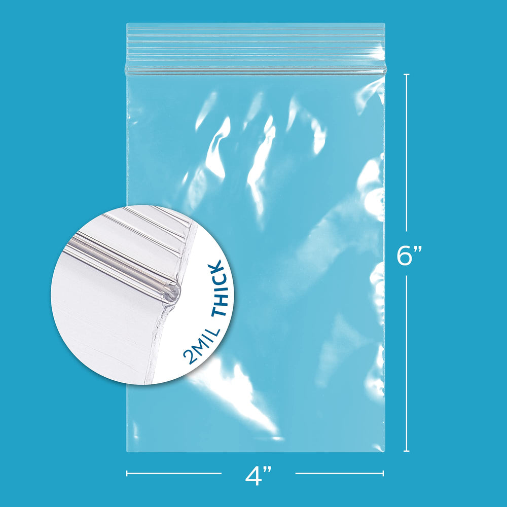 CLEAR PLASTIC RECLOSABLE ZIP BAGS - Bulk Pack Of 100 4 x 6 2 mil Thick Strong & Durable Poly Baggies With Resealable ZIP Top Lock For Travel, Storage, Packaging & Shipping.