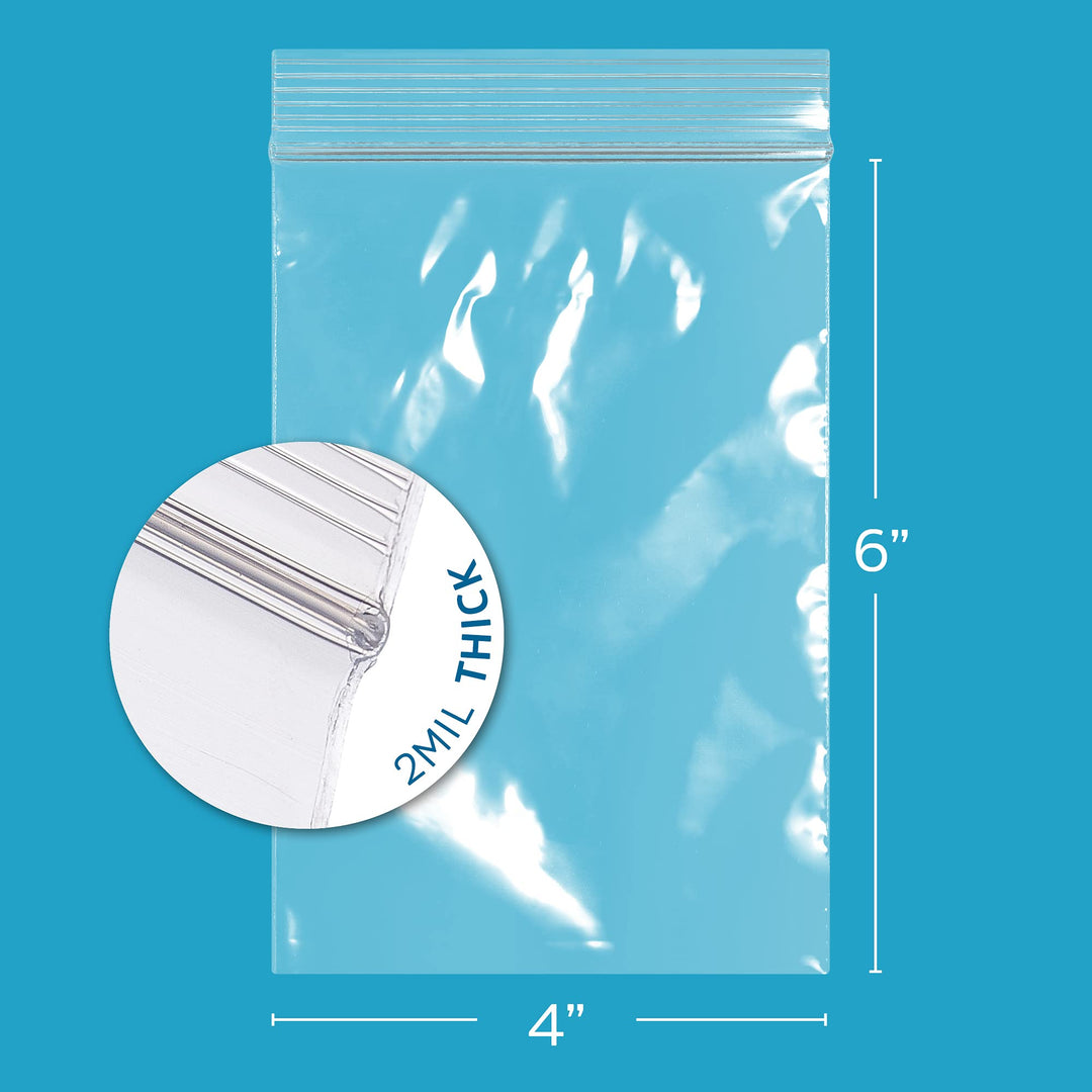 CLEAR PLASTIC RECLOSABLE ZIP BAGS - Bulk Pack Of 100 4 x 6 2 mil Thick Strong &amp; Durable Poly Baggies With Resealable ZIP Top Lock For Travel, Storage, Packaging &amp; Shipping.