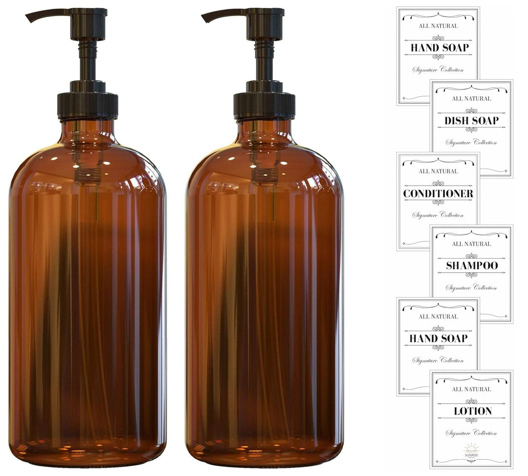 , 16 OZ Thick Amber Glass Soap Dispenser with Plastic Pump 2 Pack, Hand and Dish Soap Dispenser Set for Bathroom with 6 Waterproof Labels