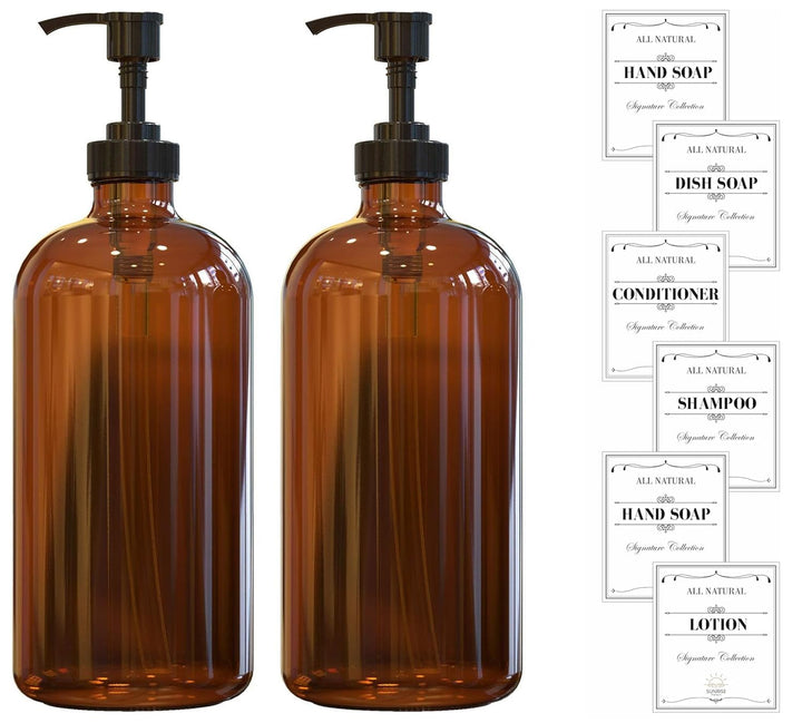 , 16 OZ Thick Amber Glass Soap Dispenser with Plastic Pump 2 Pack, Hand and Dish Soap Dispenser Set for Bathroom with 6 Waterproof Labels