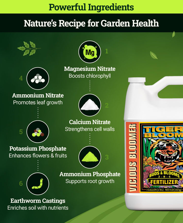 Tiger Bloom Liquid Fertilizer Concentrate - Fast Acting Formula for Vicious Growth with Phosphorus - Encourages Fruit, Flower &amp; Bud Development, NPK 2-8-4 (Gallon)