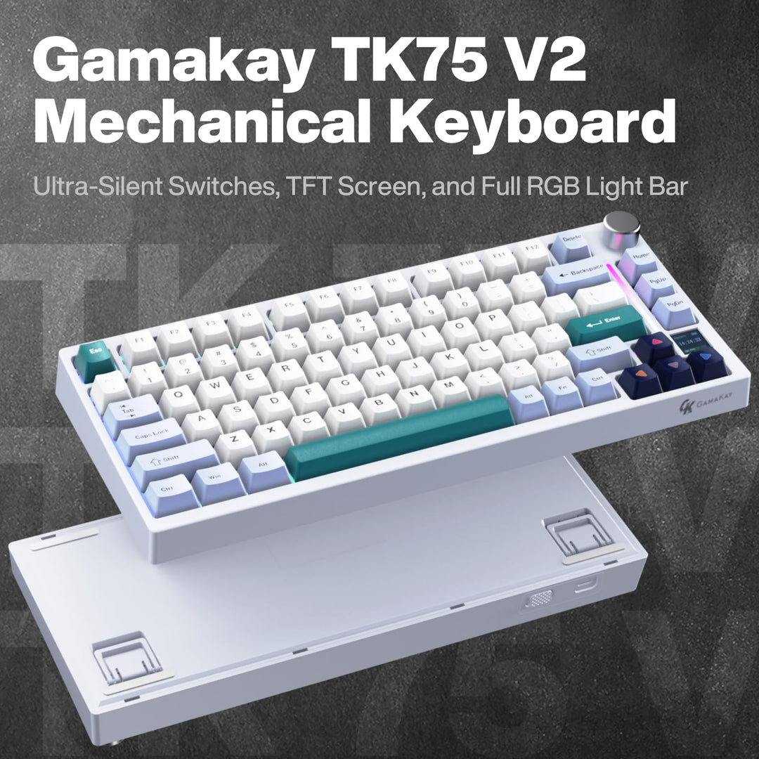 TK75 V2 75% Silent Mechanical Keyboard with TFT Screen, Hot Swap RGB Bluetooth 5.0/2.4GHz Wireless/USB-C Wired PBT Cherry Profile Keycaps Gaming Keyboard (GamaKay Pegasus Switch)