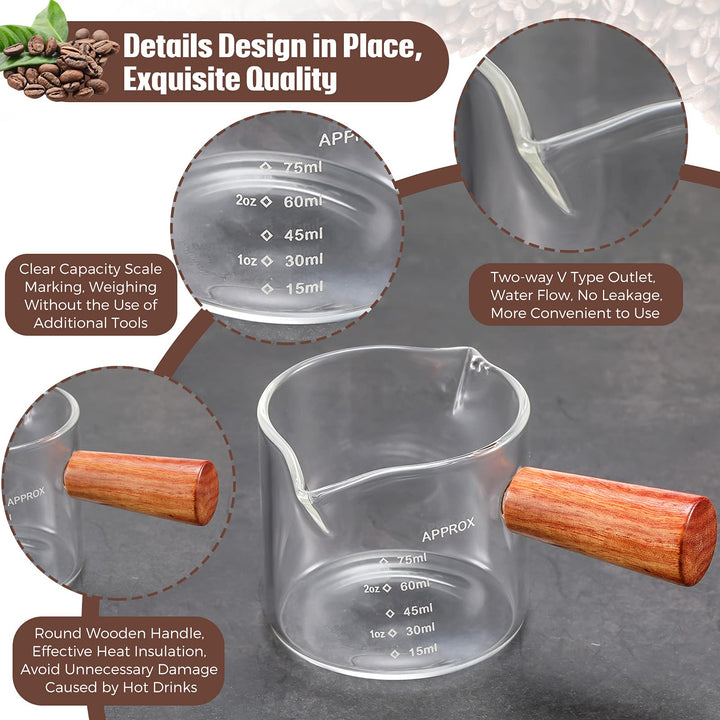 Double Spout Measuring Triple Pitcher Milk Cup 75 ml Espresso Shot Glass Espresso Measuring Cup Coffee Replacement Carafe with Handle for Barista Coffee Carafe Milk (2 Piece)