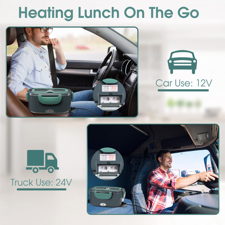 Electric Lunch Box 60W Food Heater, Upgraded 2 Compartments Portable Heated Lunch Box for Adults Car Truck Work Travel, Self Heating Lunch Box with 1.5L 304 SS Container, 110V/12V/24V