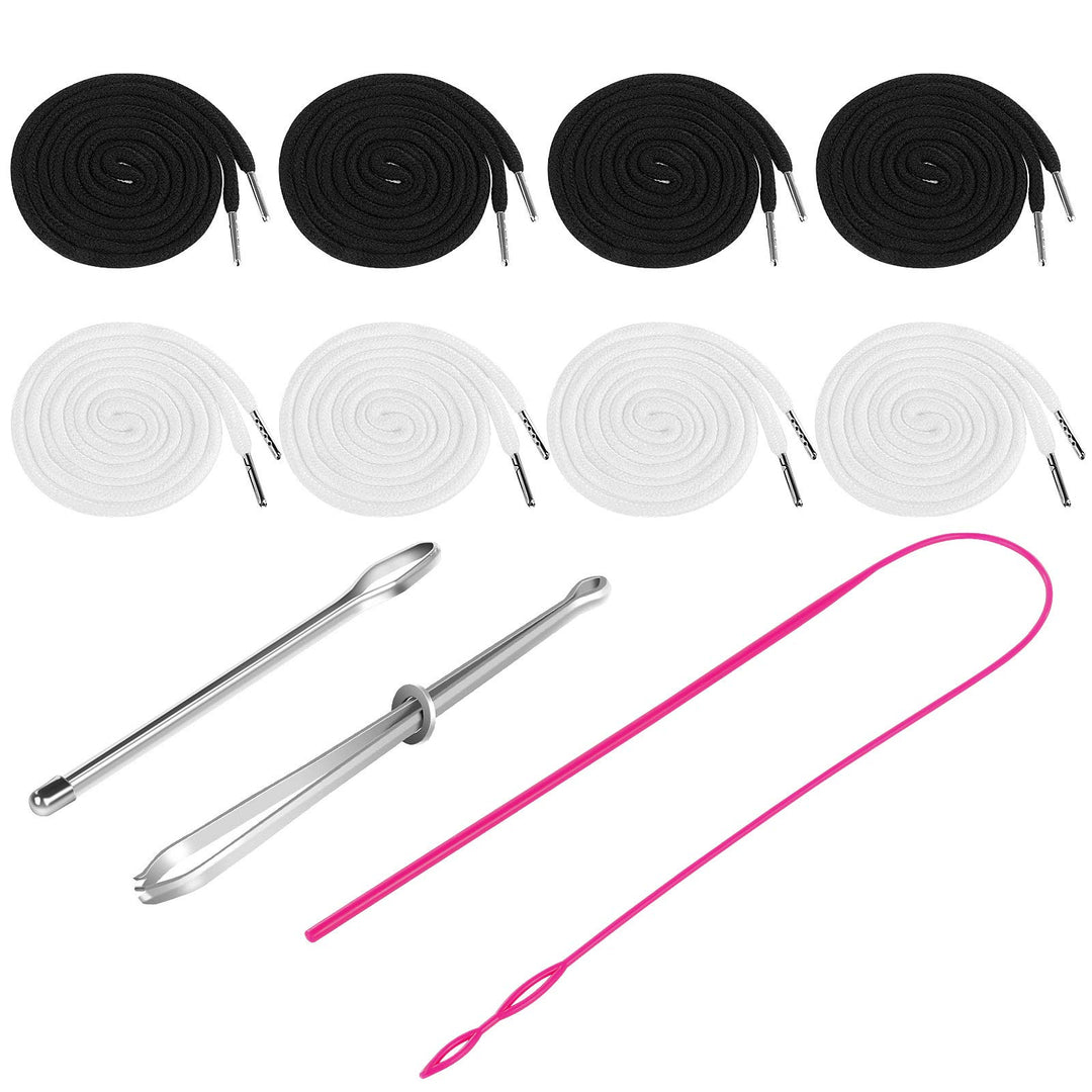 8PCS Drawstring Cord, Replacement Drawstring for Sweatpants, 57 Inch Drawstrings Replacement with Easy Threaders, Draw Strings for Shorts Pants Jackets Coats Hoodies (Black, White)