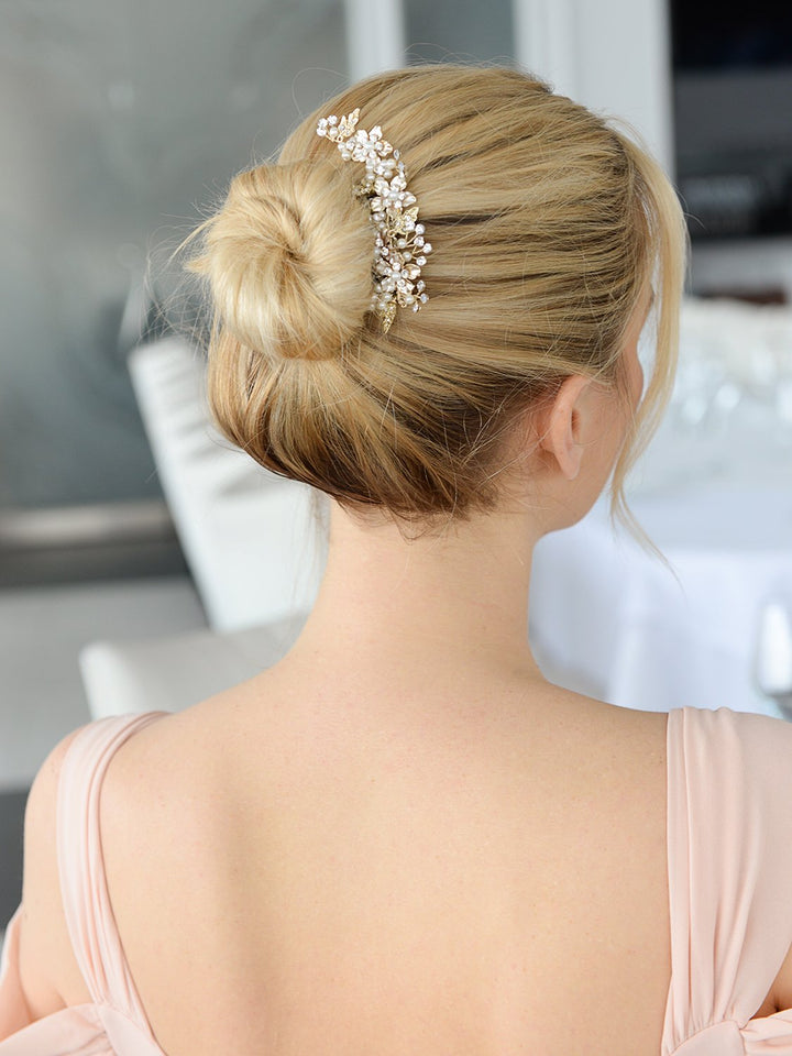 Handmade Brushed Gold and Ivory Pearl Wedding Comb - Crystal Jeweled Bridal Hair Accessory