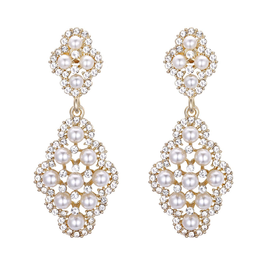 Wedding Bridal Clip On Earrings for Women Rhombus Crystal Simulated Pearl Hollow Chandelier Dangle Earrings Clear Gold-Toned
