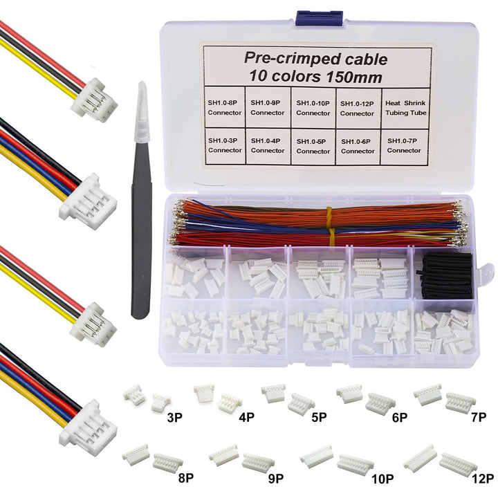 Jst SH1.0mm Connector Kit and Premium Pre-Crimped Cables,for SPRacing F3 Omnibus F4 Pro F7 Racing Drone Wire Kit,Total 140pcs sh1.0 Connectors and 10 Colors 250pcs 28AWG Cable 150mm Wire
