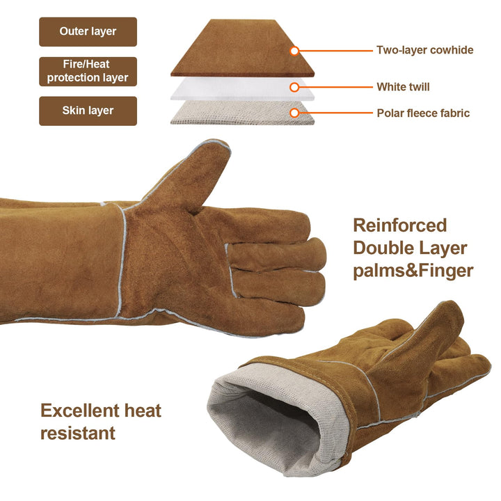 KOP&amp;WDHOM Welding Gloves 14 Heat &amp; Wear Resistant Lined Premium Leather&amp;Fireproof Stitching Heat Resistant for Fireplace/Welders/BBQ/Gardening Gloves