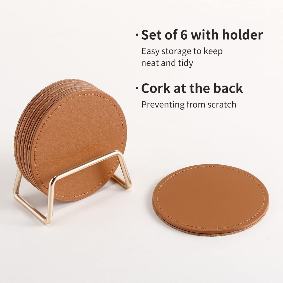 Drink Coasters with Metal Holder Stand Set of 6, PU Leather Absorbent Coasters with Cork Base Table Coaster Set Decorative Coffee Cup Coasters Housewarming Gift for Home Decor