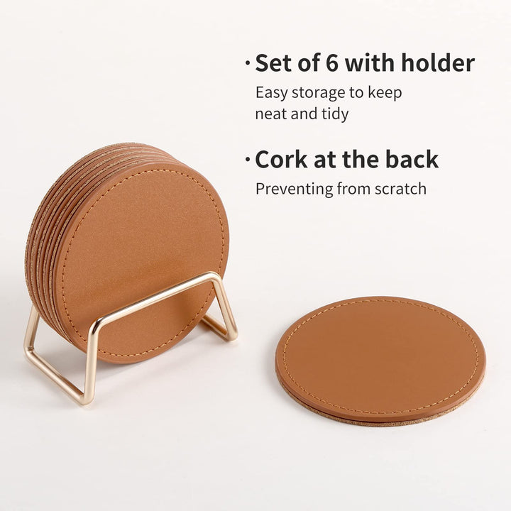 Drink Coasters with Metal Holder Stand Set of 6, PU Leather Absorbent Coasters with Cork Base Table Coaster Set Decorative Coffee Cup Coasters Housewarming Gift for Home Decor