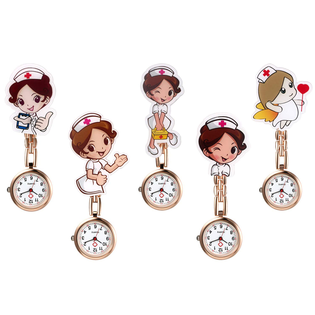 Nurse Watches Cute Cartoon Design Clip-on Fob Watches Analog Quartz Lapel Watches Brooch Hanging Nursing Watches for Women (5 Pcs) (rosegold)