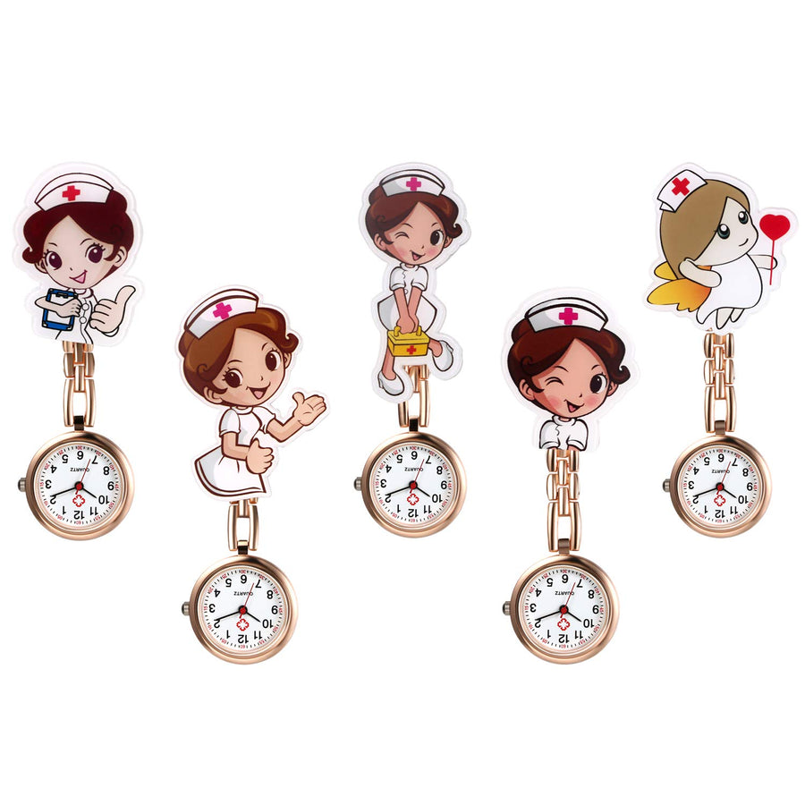 Nurse Watches Cute Cartoon Design Clip-on Fob Watches Analog Quartz Lapel Watches Brooch Hanging Nursing Watches for Women (5 Pcs) (rosegold)