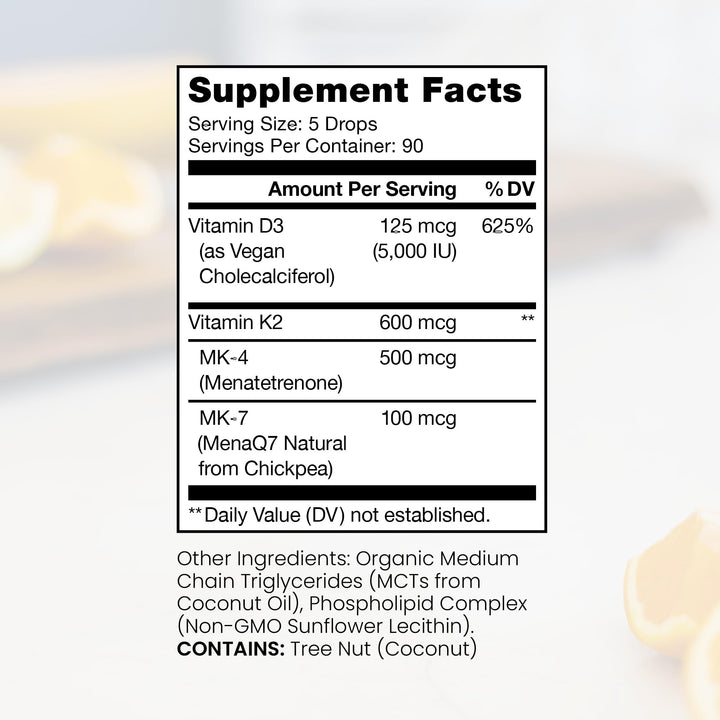 Vegan D3 + K2 Organic 100% Liposomal 10ml Made in USA | 3 Month Supply | Maximum Absorption Vitamin D3 and Vitamin K2 Supplements for Men and Women, D3 Vitamin 5000 IU