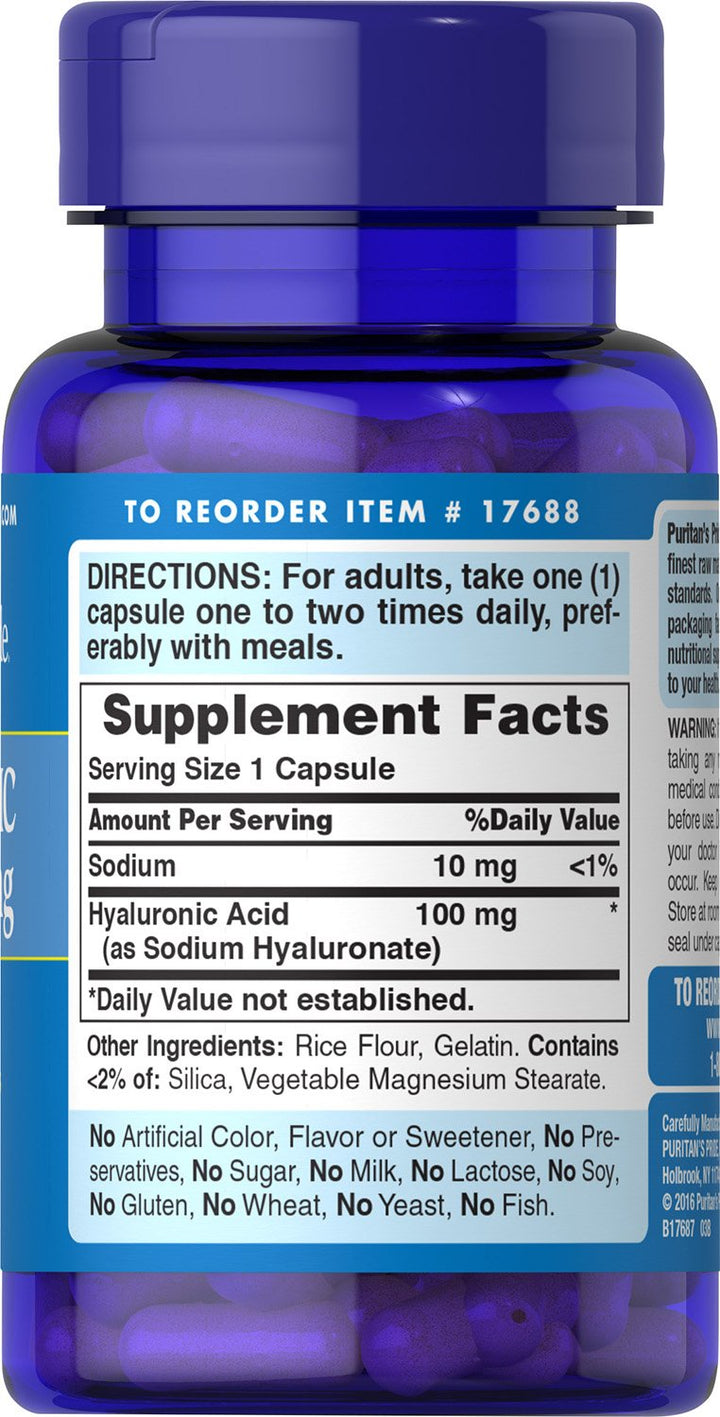Puritans Pride Hyaluronic Acid 100 mg Capsules, 60 Coun