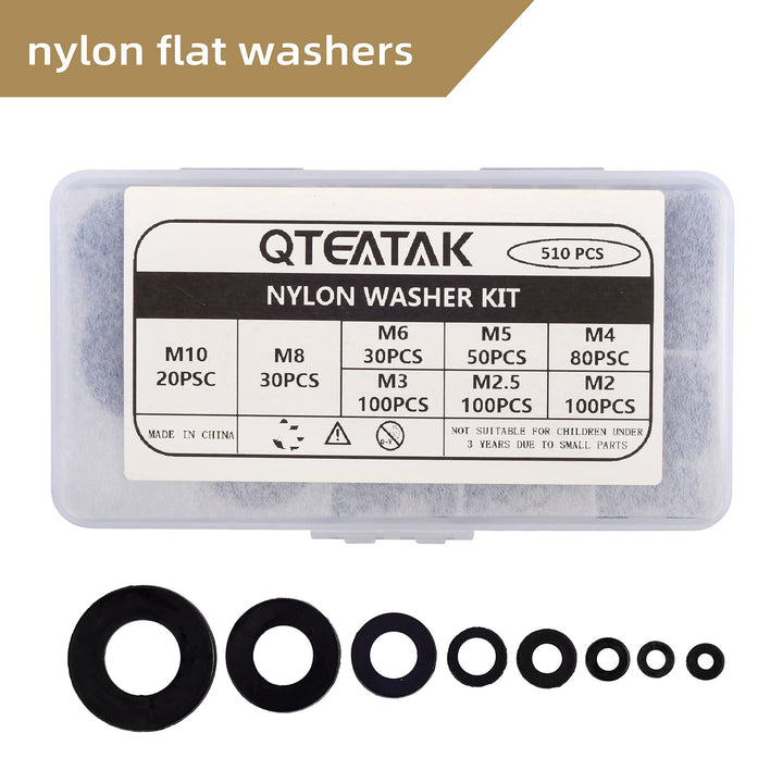 QTEATAK 510 Pcs Black Nylon Flat Washer Assortment Kit 