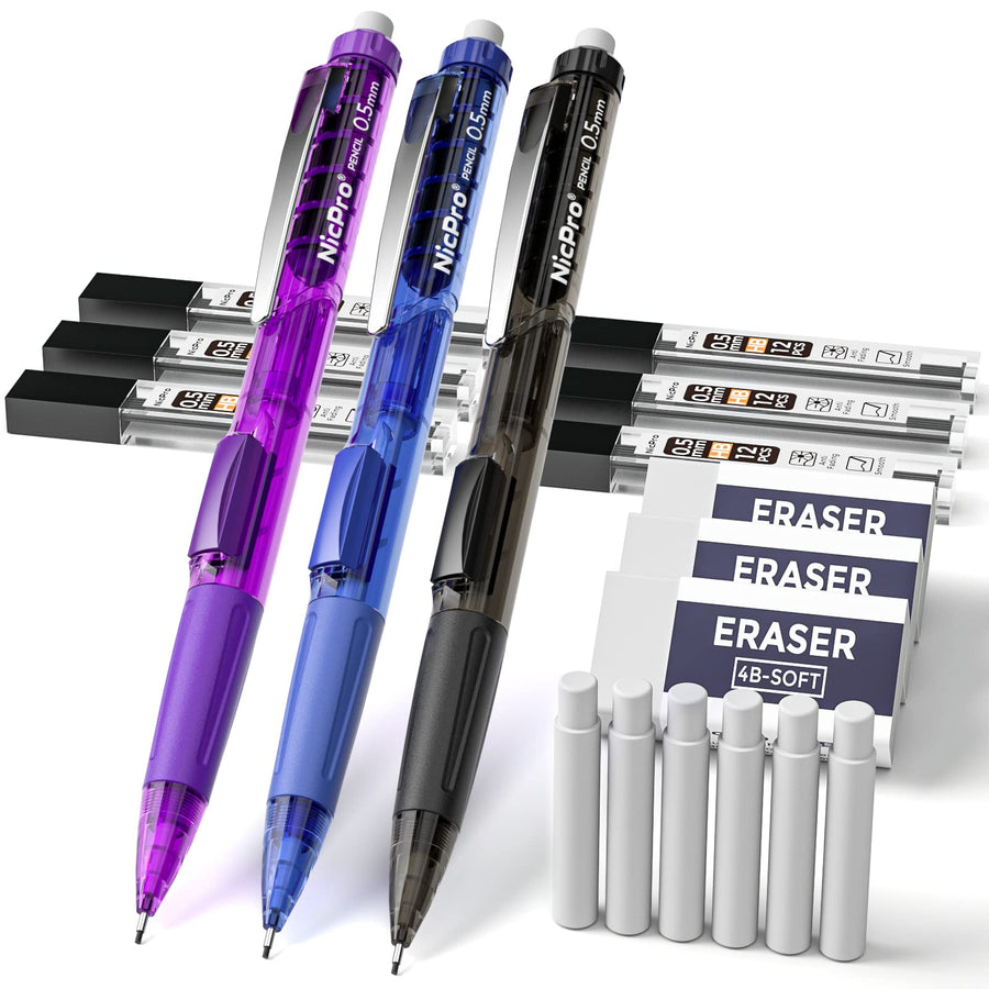 Nicpro 0.5 mm Art Mechanical Pencil Set, 3 Colors Rotat