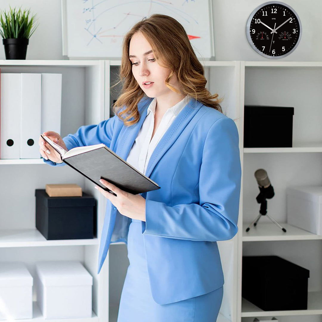 Atomic Wall Clock with Hygrometer and Thermometer Radio Wave Analog Clocks Battery Operated Round Easy to Read for Living Room Bathroom Kitchen Lanai Home Office school Travel Trailer 10&#39;&#39; Silver