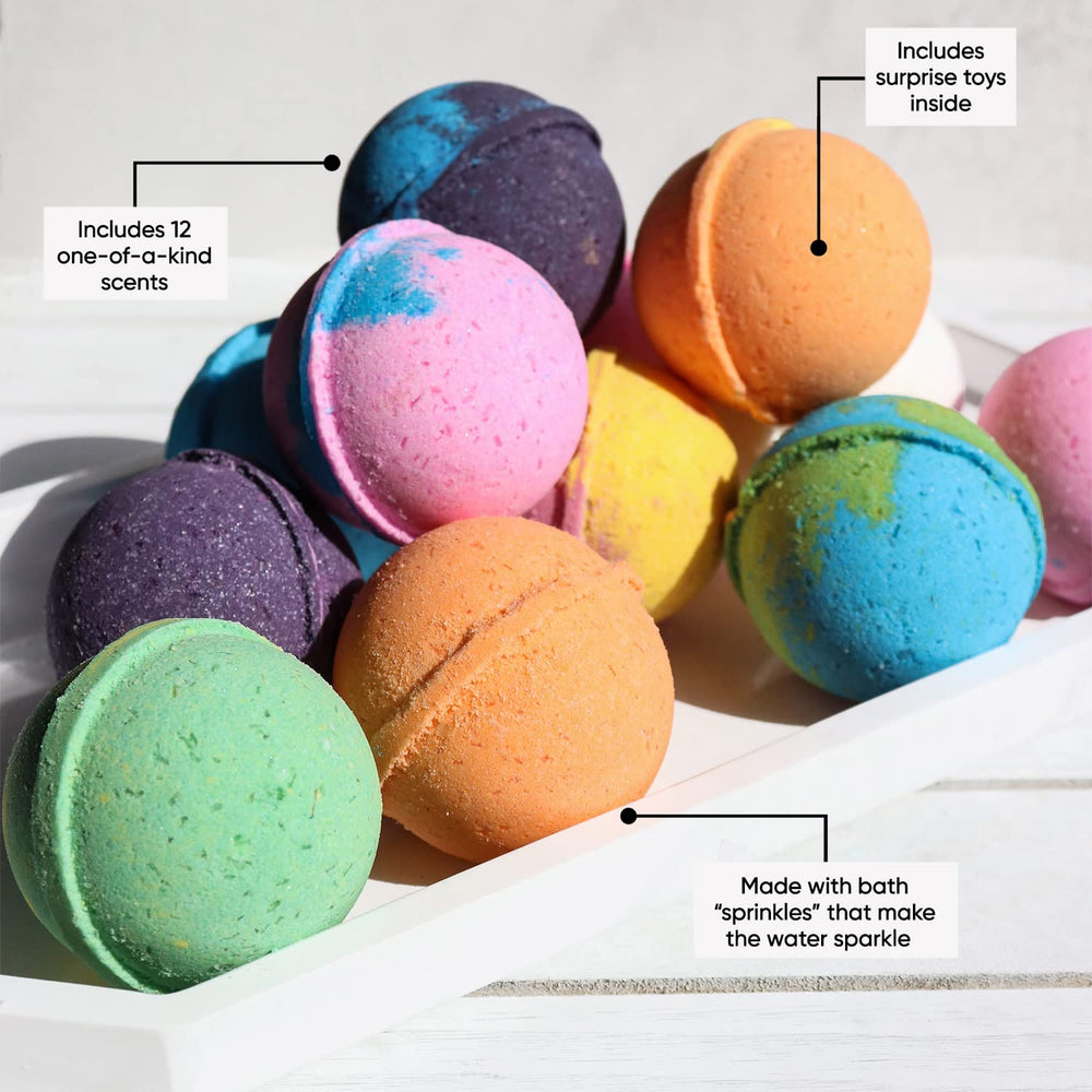 - Kids Bath Bomb Gift Set, Bath Bombs with Surprise Kids Bath Toys Inside - Epsom Salt, Fizz, Fun Colors - Natural, Vegan & Cruelty Free - Kids Skin Care & Self Care - 12 Scents