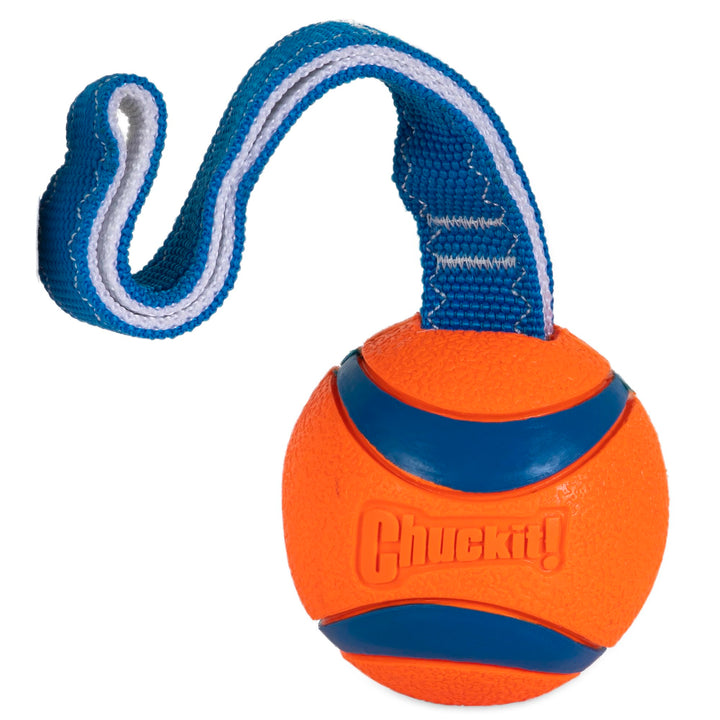 Ultra Tug Dog Toy - Ultra Ball on a Durable Nylon Cord Handle - Fetch and Tug-of-War Toy for Dogs - Size Large - For Breeds 60-100 lbs - 3-inch Diameter - Orange and Blue