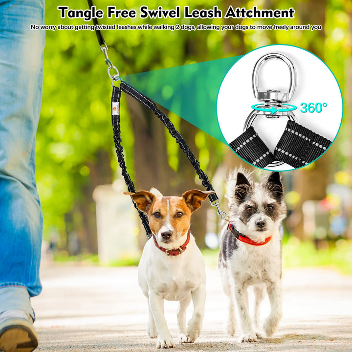 2 Dog Leash, 360° Swivel No Tangle Double Dog Walking &amp; Training Leash, Comfortable Shock Absorbing Reflective Bungee Lead Walk 2 Dogs with Ease
