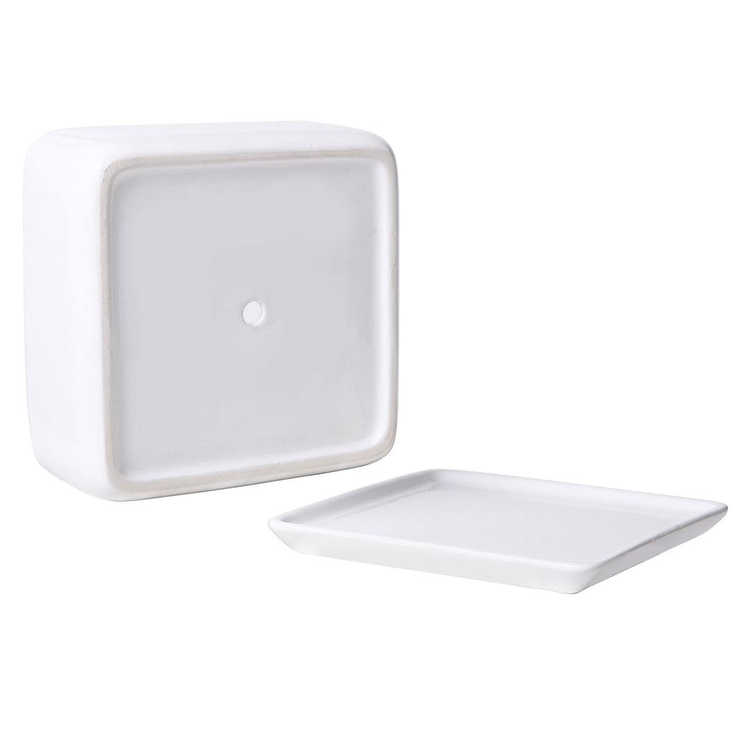 Modern White Ceramic Square Indoor Small Planter, Flower Succulent Plant Pot with Drainage Hole and Removable Drip Tray
