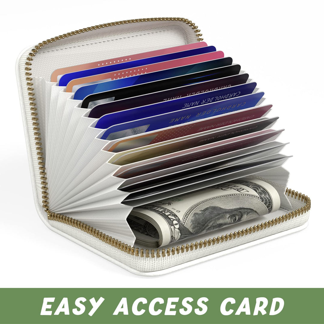 Credit Card Holder for Women, Small RFID Card Wallet Slim Leather Business Card Organizer Case with Zipper &amp; Keychain(White)