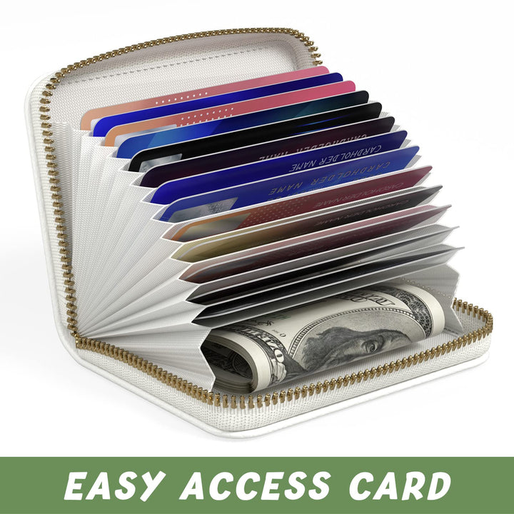 Credit Card Holder for Women, Small RFID Card Wallet Slim Leather Business Card Organizer Case with Zipper &amp; Keychain(White)