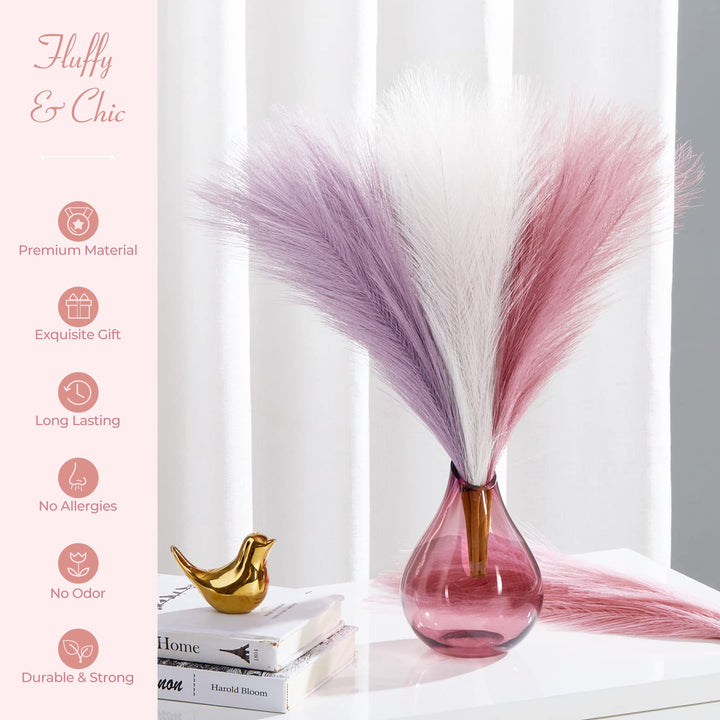 Pampas Grass Decor 17 Inch 6pcs, Purple Pink Artificial Pampas Grass Home Wedding Decor, Small Faux Pampas Fake Pompous Boho Vase Filler, Bathroom Living Room Decoration