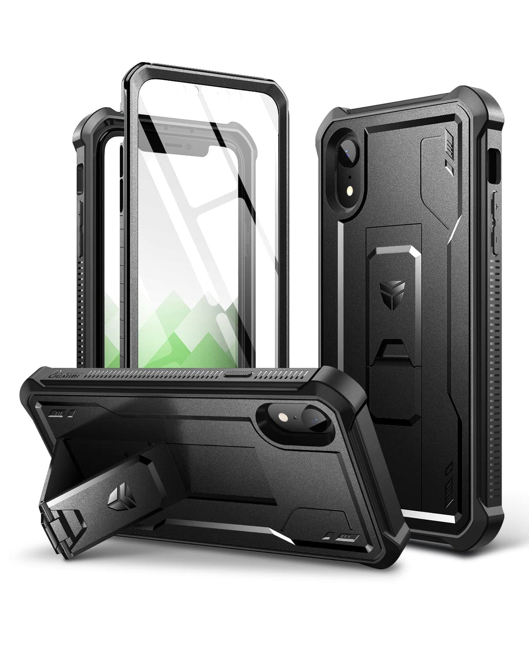 for iPhone XR Case, [Built in Screen Protector and Kickstand] Heavy Duty Military Grade Protection Shockproof Protective Cover for iPhone XR, Black