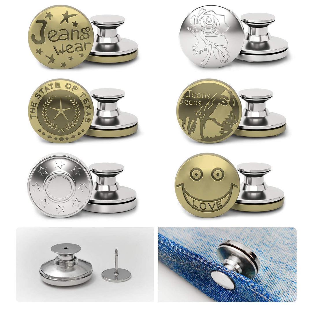 Button Pins for Jeans, 6 Sets 17mm Flat Back Design Adj
