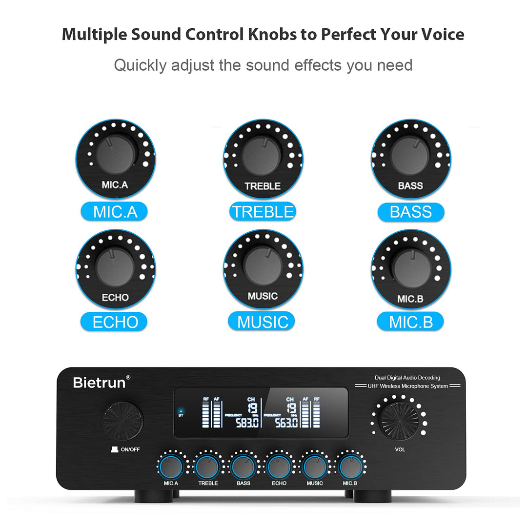 Wireless Microphone with Bluetooth&amp;Echo/Treble/Bass, 165 ft Range, UHF Dual Handheld Cordless Dynamic Mic System for PA System/AMP/Home TV Karaoke/Bluetooth Speaker/(1/4&#39;&#39;&amp;1/8‘’AUX Interface)