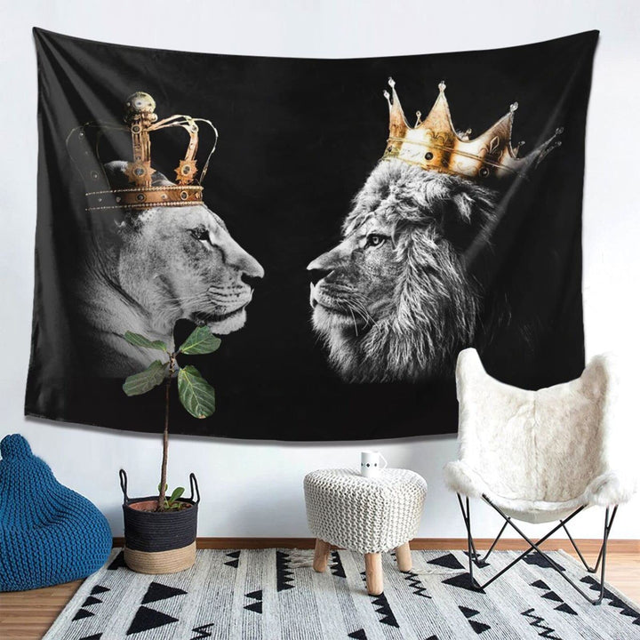 Black and White Lion Tapestry Art African King and Queen with Crown Tapestries Wall Hanging Wild Animal Home Decor Extra Large Tapestry for Bedroom Living Room Dorm Room 40x60