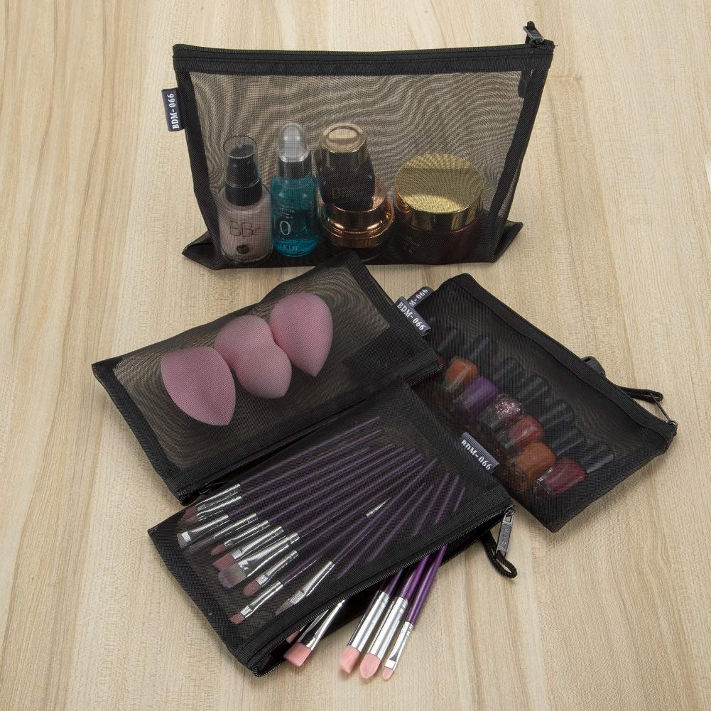 Nylon Mesh Cosmetic Zipper Bags, 6PCS Black Makeup Pouches Travel Organizer Case for Purse Diaper Bag (A5 x 3pcs, A6 x 3pcs)