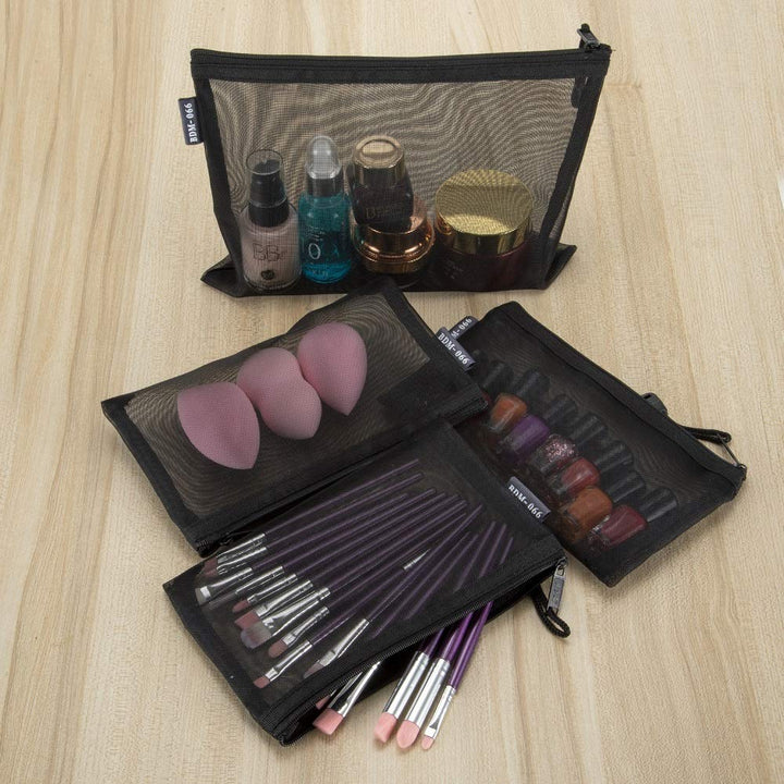 Nylon Mesh Cosmetic Zipper Bags, 6PCS Black Makeup Pouches Travel Organizer Case for Purse Diaper Bag (A5 x 3pcs, A6 x 3pcs)