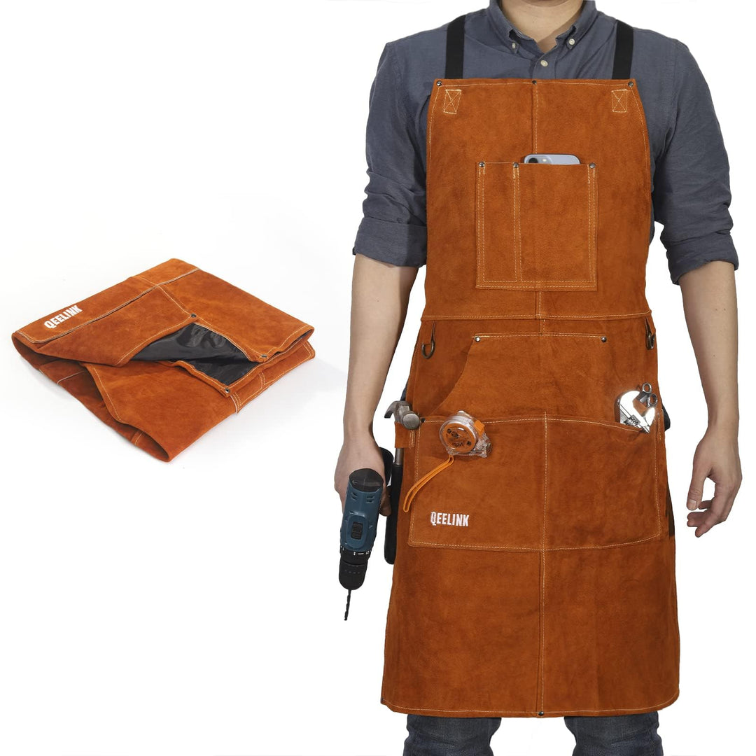 Leather Welding Work Shop Apron with 6 Tool Pockets, Heat &amp; Flame Resistant Cowhide Heavy Duty Blacksmith Apron, 24 x 36, Adjustable M to XXXL for Men &amp; Women (Brown)