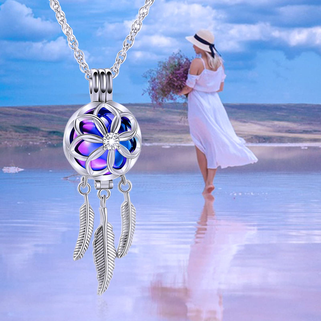 Dream Catcher Urn Necklace for Ashes for Women Men Cremation Jewelry Flower Feather Keepsake Memorial Hollow Pendant,Rainbow