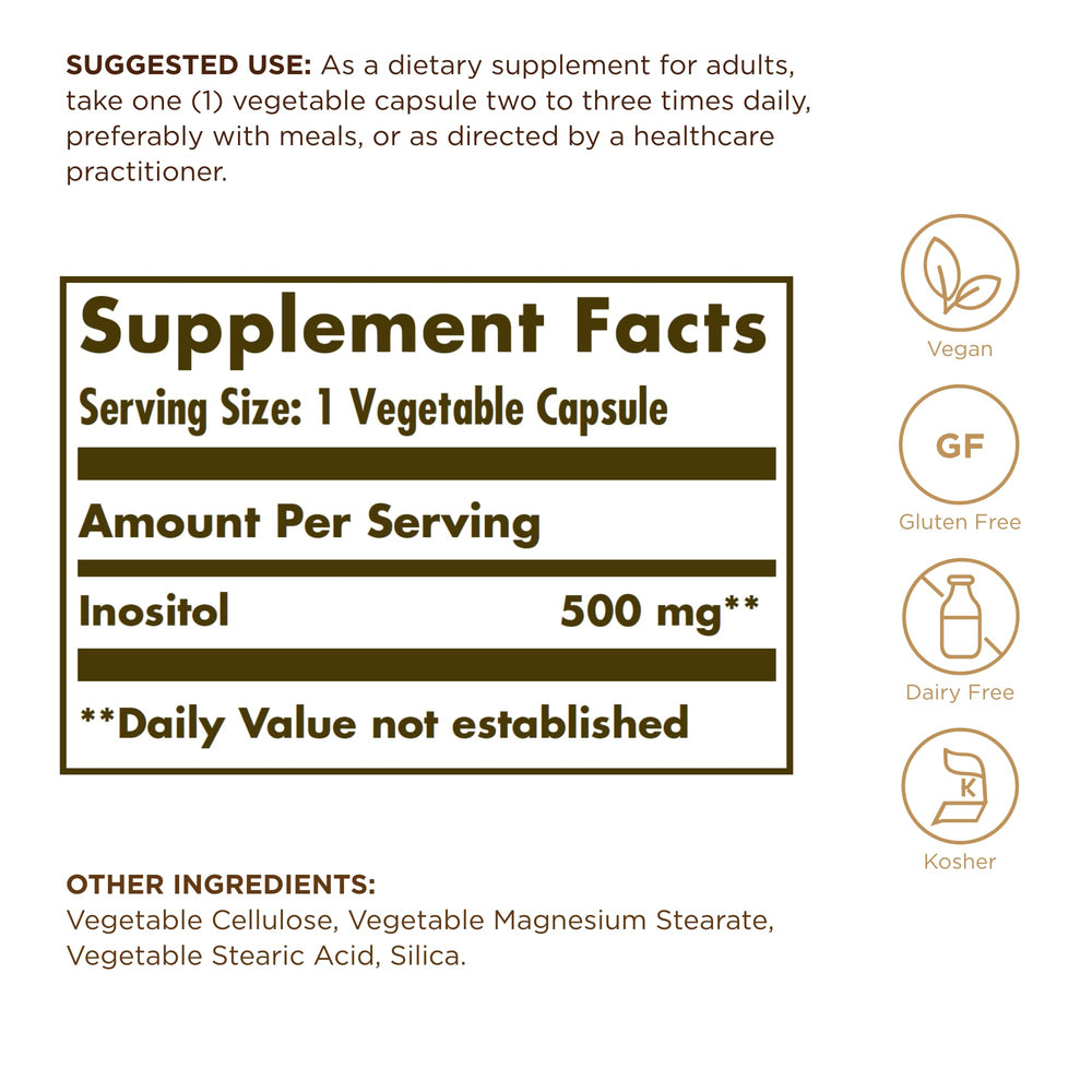 Solgar Inositol 500 mg - 100 Vegetable Capsules - Supports Cellular Function & Brain Health - Vegan, Gluten Free, Dairy Free, Kosher - 100 Servings