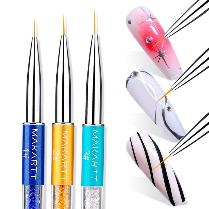 3Pcs Nail Art Liner Brush UV Gel Painting Nail Brush Pen Set Metal Diamond Acrylic Handle