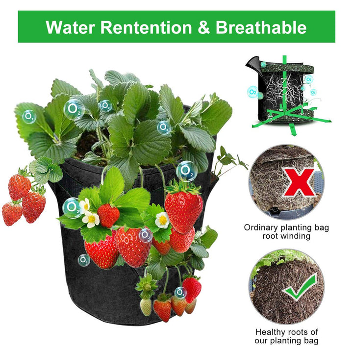 Strawberry Grow Bags, 2 Pack 10 Gallon Strawberry Planter with 8 Side Grow Pockets, Breathable Non-Woven Fabric Reinforce Handle Plant Grow Bag for Garden Strawberries, Herbs, Flowers