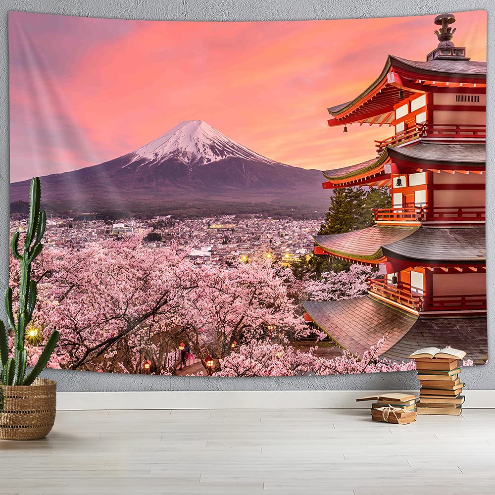 Asian Japanese Tapestry Wall Hanging Japan Pagoda Mountain Fuji Spring Cherry Blossoms Sakura Flower Tapestries, Pink Small Tapestry Wall Deocr for Bedroom Living Room Dorm