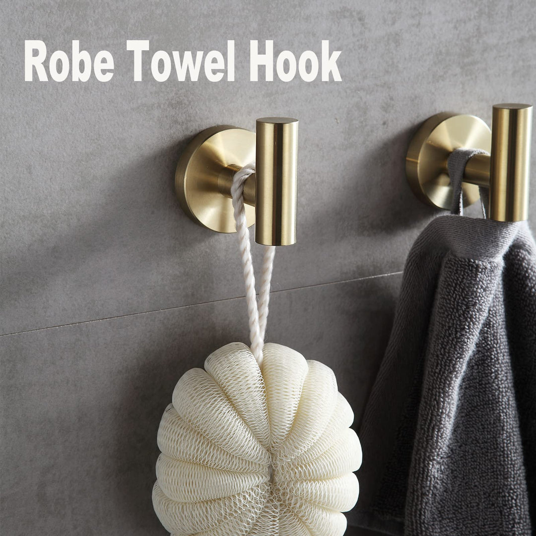 4 PCS Bathroom Hardware Set,Brushed Gold SUS304 Stainless Steel Wall Mounted Bathroom Accessories Gold Kit Include Hand Towel Ring,Brushed Gold Toilet Paper Holder,and 2 Robe Towel Hooks