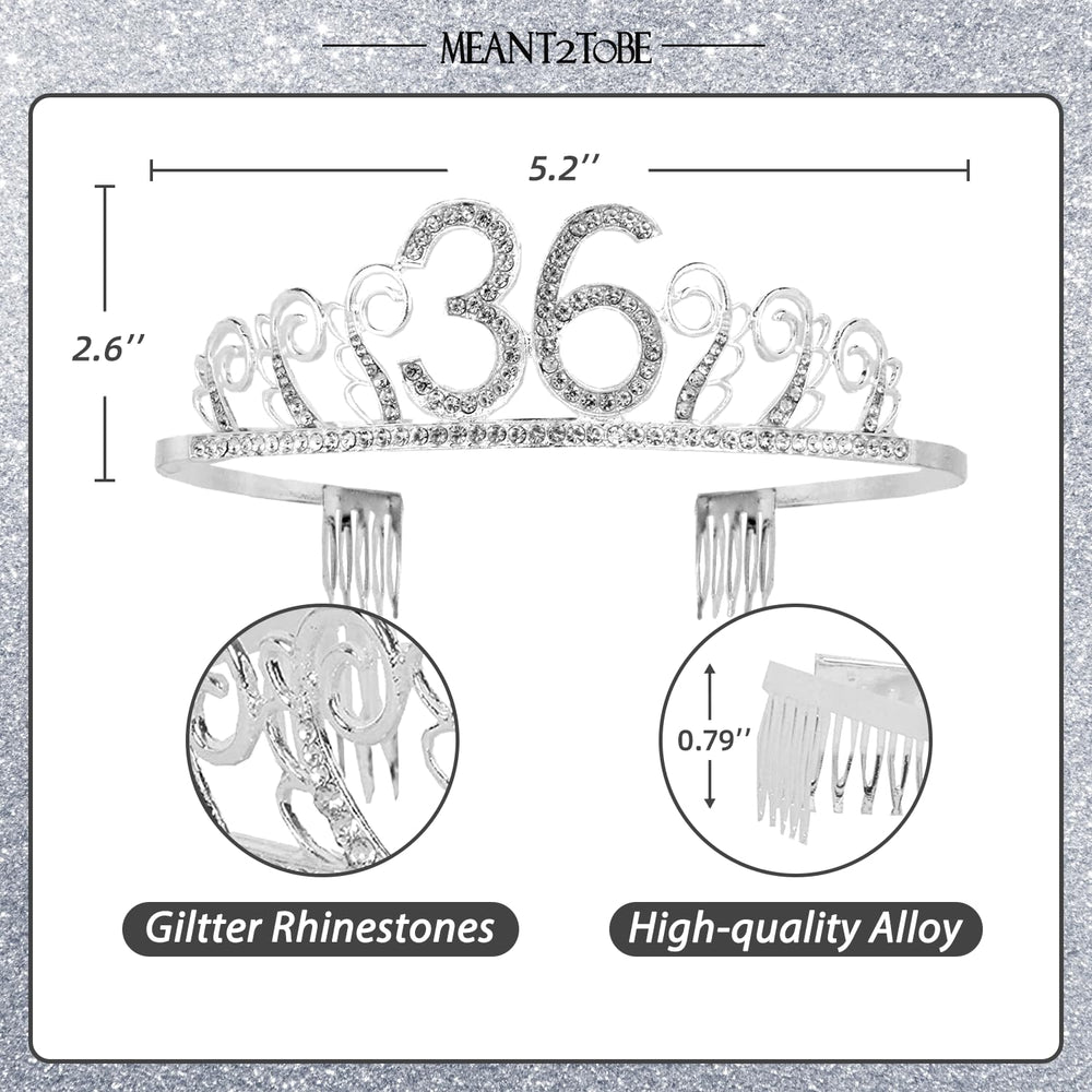 36th Birthday Tiara and Sash silver, 36th Birthday Gifts for woman, HAPPY 36th Birthday Party Supplies, 36 & Fabulous Glitter Satin Sash and Crystal Tiara Birthday Crown for 36th Birthday Party Suppli