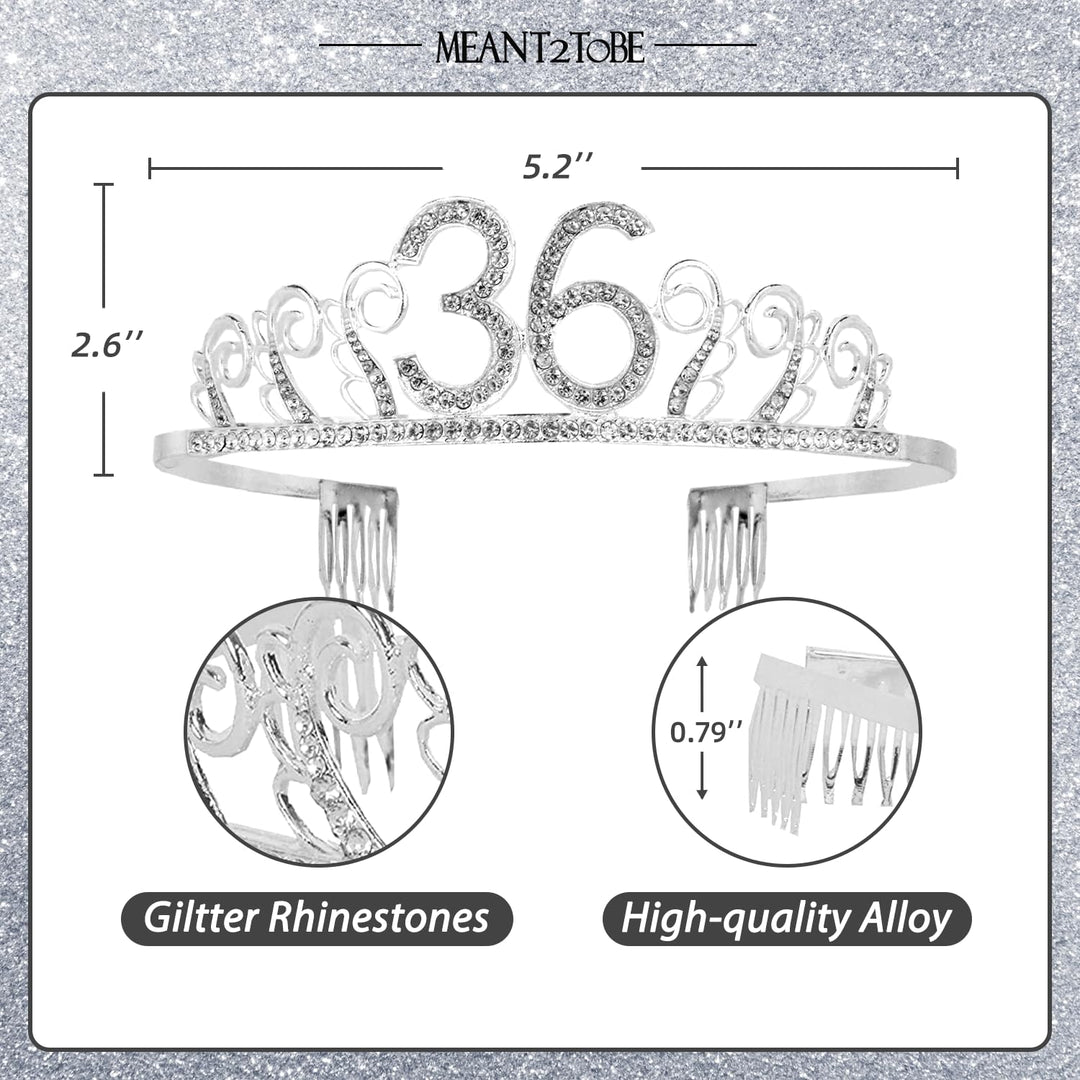 36th Birthday Tiara and Sash silver, 36th Birthday Gifts for woman, HAPPY 36th Birthday Party Supplies, 36 &amp; Fabulous Glitter Satin Sash and Crystal Tiara Birthday Crown for 36th Birthday Party Suppli