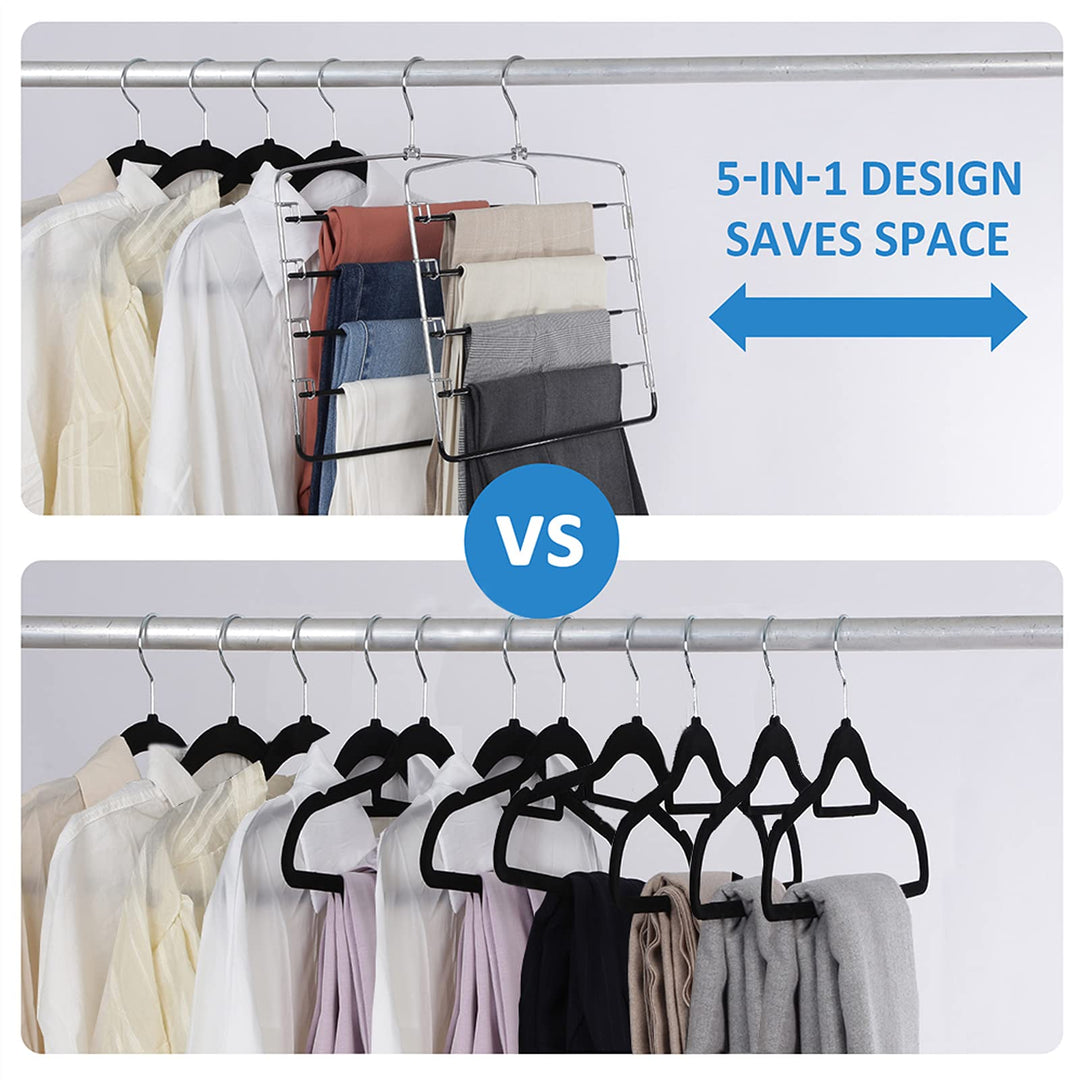 Pants Hangers 2 Pieces, Swing Arm Trousers Hanger, Space Saving Pants Rack, 5 Layers Jeans Hangers with Non-Slip, Multiple Pants Hanger Closet Organizer for Trousers Scarves Ties